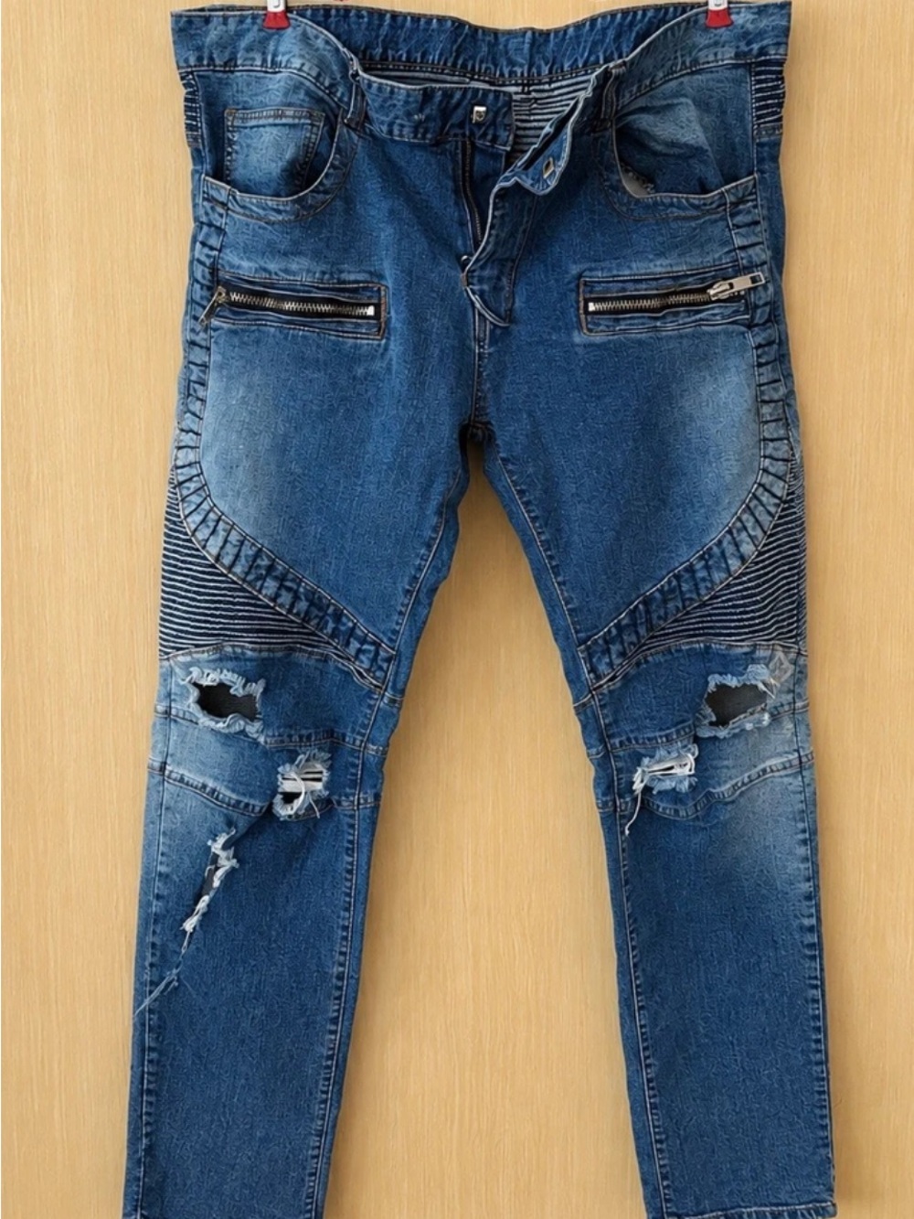 Balmain Paris Men’s 38 Distressed Biker Moto Jeans Zip Pockets